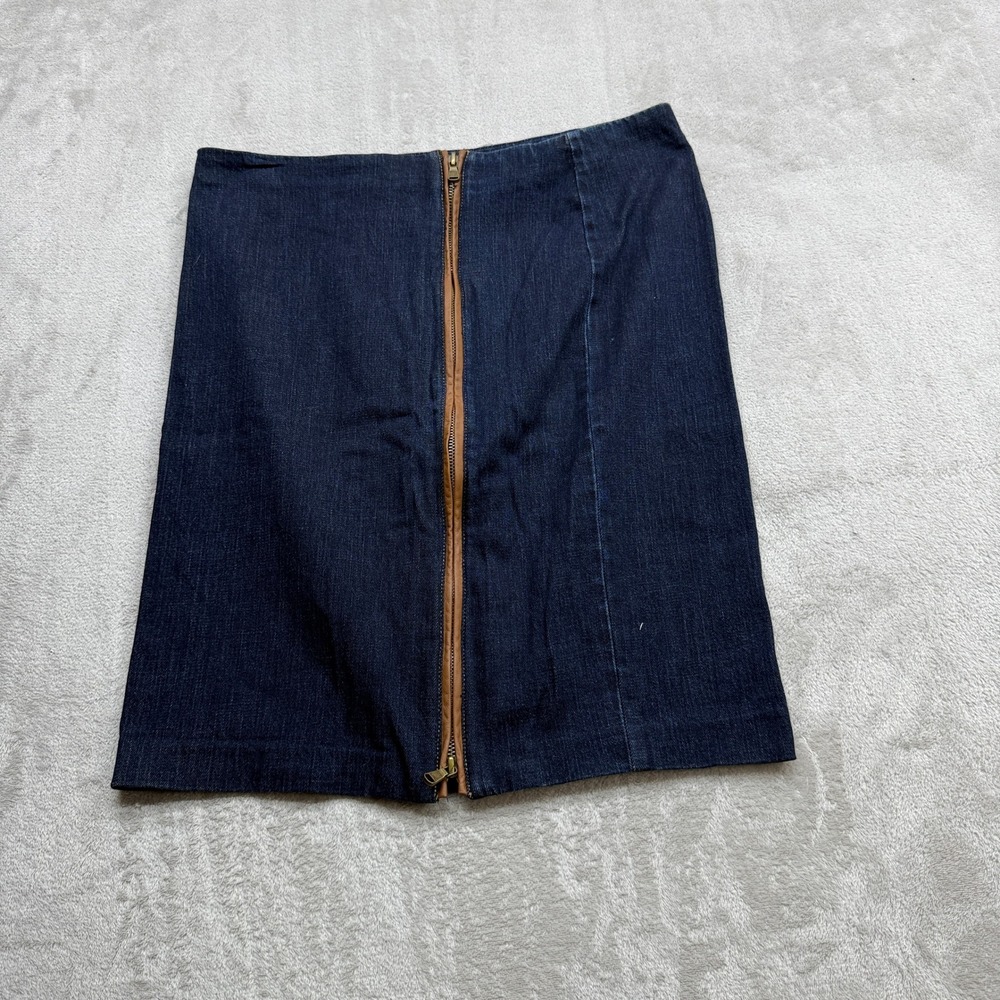 Lauren Ralph Lauren Denim Skirt Womens 10 Pet Blue Leather Trim Front Zip Pencil